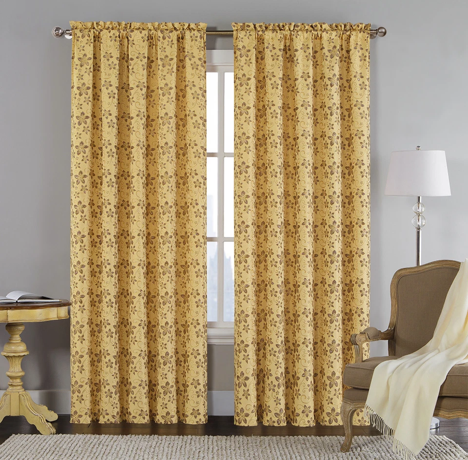 Single (1) Jacquard Window Curtain Panel: Gold, Metallic Floral Design - Image 1 of 1