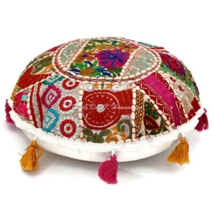 White Round Floor Cushion Patchwork Vintage Floor Pillows Small 18 in Chairpad - Picture 1 of 7
