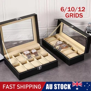 6/10/12 Grids Leather Watch Box Organizer Case Jewelry Display Storage Showcase - Picture 1 of 21