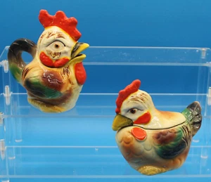 VINTAGE CERAMIC ROOSTER CHICKEN CREAMER SUGAR SALT & PEPPER FIGURES SET JAPAN - Picture 1 of 4