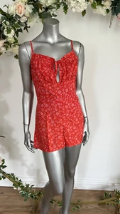 Womens Playsuit Wednesday's Girl Floral Size 8 Red Pink Tie Front New MB02 - Picture 1 of 21