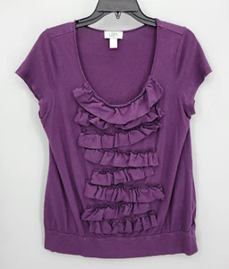 Ann Taylor Loft Top Womens Large Purple Tiered Ruffle Scoop Neck Feminine Knit - Picture 1 of 6