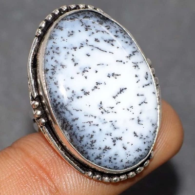 Кольцо ручной работы с дендритным опалом покрытие серебро 925 США 7,5 коренастое ювелирное изделие JW - Изображение 1 из 3