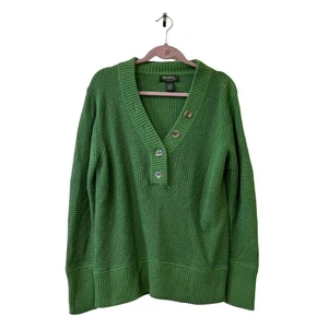 Eddie Bauer Women XL Green Henley Waffle Knit Sweater Y2K Outdoors Angora Blend - Picture 1 of 5