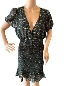 Isalis Puff Sleeve Smocked Ruffle V Neck Green Floral Dress Women Size Med - Bild 1 von 9