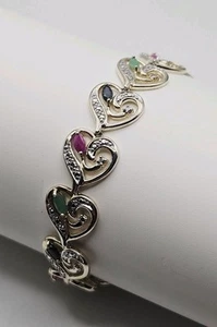 Sterling Silver Vermeil 1.5 Ct Ruby, Emerald, Sapphire & Diamond Heart Bracelet - Picture 1 of 7