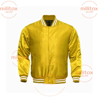 Varsity Satin Bomber Jacket Yellow – Premium Quality, Free Shipping, No VAT - Image 1 of 3