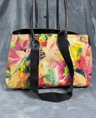 Bolsa tote Maurizio Taituti couro floral pintada à mão feita na Itália grande - Imagem 1 de 4