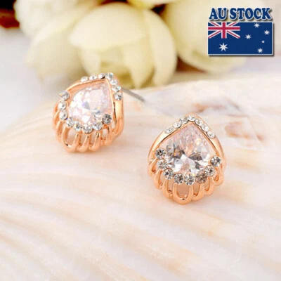 18K Rose Gold Filled Lady Sparkling Shiny Crystal Fashion Stud Earrings Gift - image 1 of 3