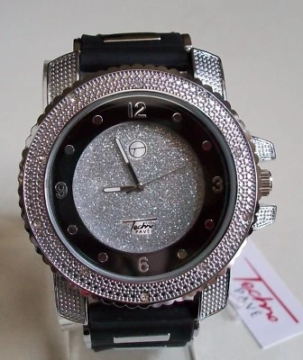 Men's Techno Pave Silver & Black Silicon Band Fashion Casual Hip Hop Watch - Image 1 of 4