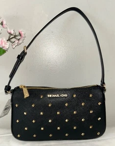 NEW! MICHAEL KORS Studded Medium Pouchette Saffiano Leather Shoulder Bag Black - Picture 1 of 7