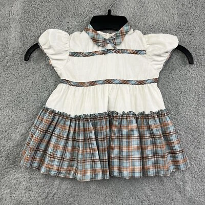 VTG 50s Toddler 2T Girls Dress White and Blue Plaid Puff Sleeve Rockabilly - Image 1 of 4