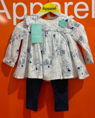 Blusa e calça Monsoon Girl’s 2 peças, veados, floresta, 6-12 meses, nova, B164 - Imagem 1 de 3