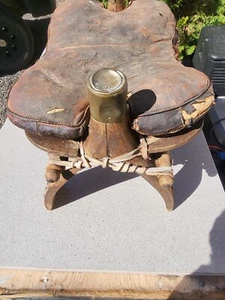 Antique Egyptian Camel Saddle Studded Wood Leather Seat Foot Stool Brass mahawi - Picture 1 of 18