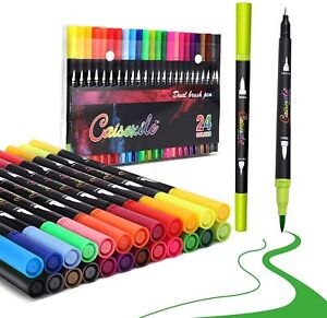 24 Colors Dual Brush Pens Art Markers, Artist Fine & Brush Tip Pen Coloring Mark