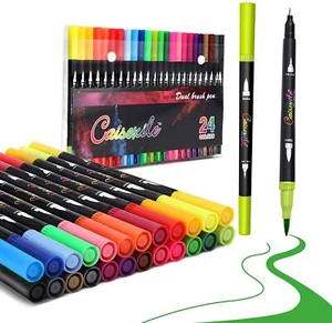 24 Colors Dual Brush Pens Art Markers, Artist Fine & Brush Tip Pen Coloring Mark - Picture 1 of 7