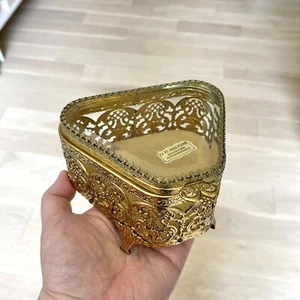 Vintage 24kt Gold Plated Ormolu Jewelry Trinket Box Filigree Beveled Glass - Picture 1 of 9
