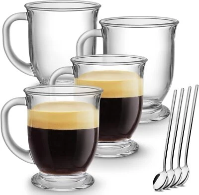 BRANDED Glass Coffee Mugs Set of 4 Clear Large Coffee Mug 15 Oz With Handles for Hot