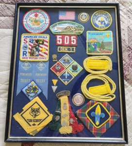 Vintage Boy Scout 1970's & 1980's Patches Pins Buttons Framed B.S.A G W Council - Picture 1 of 9