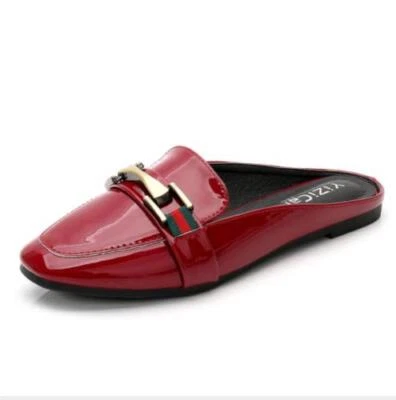 Mujer Punta Redonda Charol Plano Metal Zapatilla Mules Espalda Abierta Mocasín Bomba Foto 1 de 4