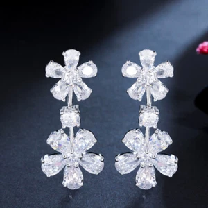Blume Runde Ohrhänger CZ Kristall Damen Party Versilbert Schmuck - Bild 1 von 10