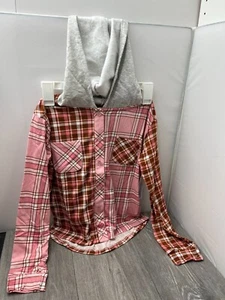 Wallflower Girls Plaid Long Sleeve Shirt Hoodie, Wild Rose Size M (10/12) - Picture 1 of 10