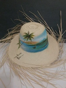 Cappello fatto a mano e tessuto dipinto a mano Haiti tesa di paglia AT SEA firmato HAITI NUOVO - Foto 1 di 15