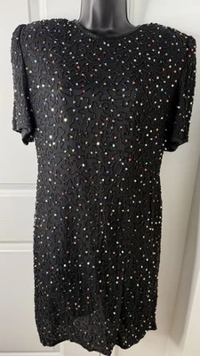 Vintage Lawrence Kazar Black Silk Beaded Sequin Dress XL Made in India - Image 1 of 4