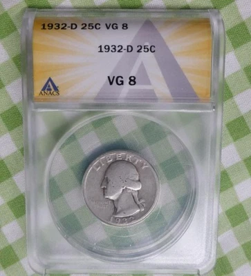 1932 D ANACS VG 8 Washington 90% Silver Quarter, Key Date United States 25C Coin - Image 1 of 4