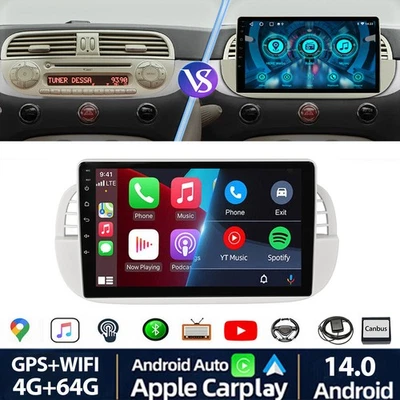 9" Carplay Autoradio Per FIAT 500 2007-15 Android 14 4+64G GPS Navi WIFI RDS USB - Immagine 1 di 4