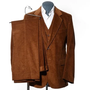 42L Long Vtg 70s Brown Corduroy Flared 3-Piece Suit 34x32 Trousers Vest Jacket L - Picture 1 of 14