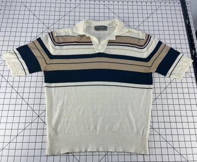Vintage 60s 70s Knit Polo Shirt Hippy Disco Mod Atomic Surf Stripe Tee M - Image 1 of 4