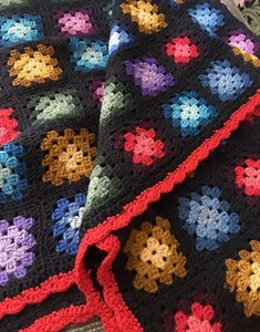 Crocheted Granny Square Afghan 54x74 Blanket Black Bright Multicolor Handmade - Picture 1 of 7