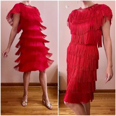 Винтажный 80-х 90-х красный шелк бахрома официальный коктейльное платье Maggie London S M - Изображение 1 из 4