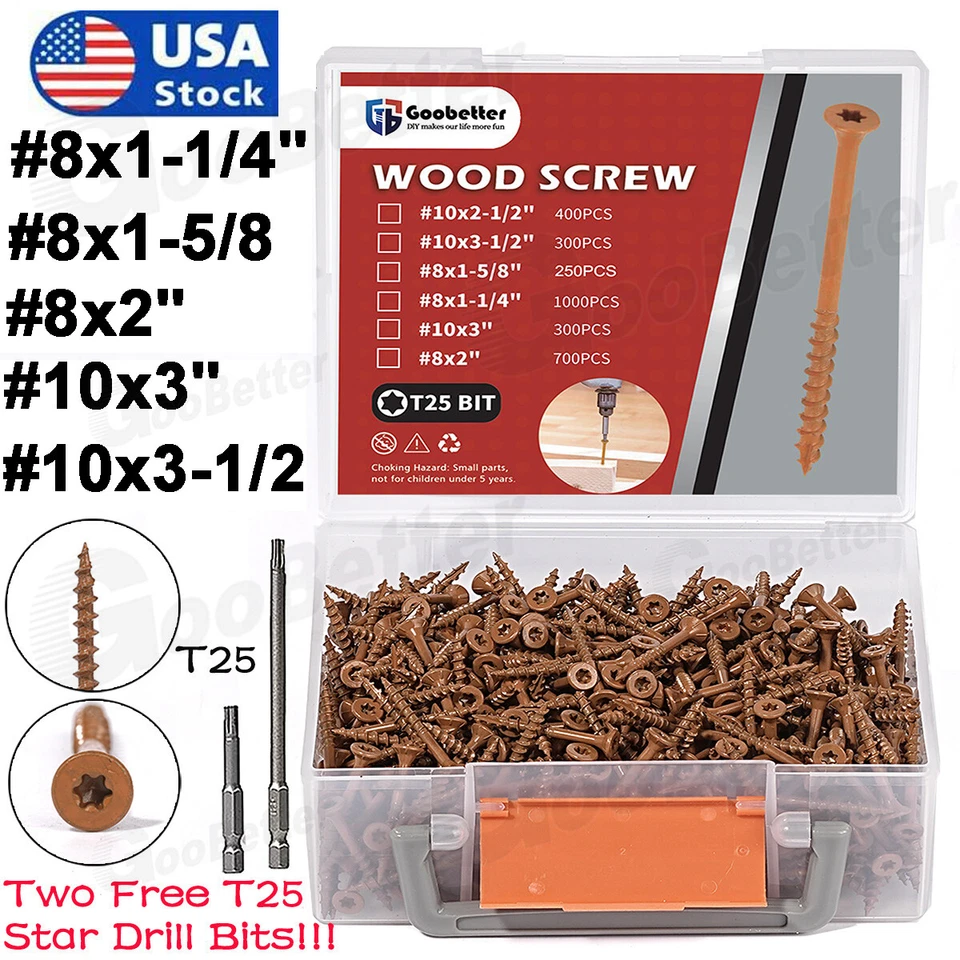 250~1000PCS Torx Star Flat Head Screw #8 #10 Outdoor Wood Screw T25 Star Bit Set - Image 1 of 4