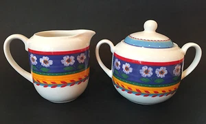 Seltene Vista Alegre WEISSE BLUMEN blau gelb grün bedeckt Zuckerdose & Milchkännchen  - Bild 1 von 4
