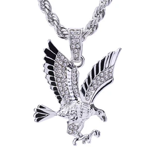 Men's Hip Hop Silver Plated Iced Eagle Pendant 20" Rope Chain Set HC 1121 S - Picture 1 of 3