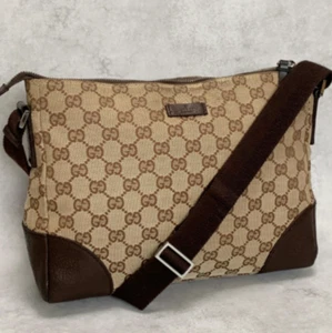 GUCCI Bolso GG Lona Cartera de Hombro Lona Cuero Marrón Plata Usado Auténtico - Imagen 1 de 24