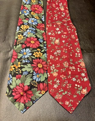 Lote de 2 Corbatas Vintage BASS Para Hombre 100% Tela Algodón Cuello Flores Florales Retro Foto 1 de 2