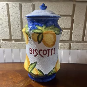 Large Nonni’s Handmade Painted Fruit Lemon Yellow Blue Biscotti Cookie Jar 12" - Picture 1 of 7