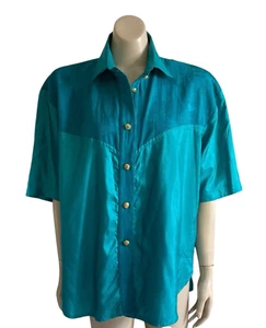Vtg 90s Costa Moda Blouse Sz 14 Button Up Linen Rayon Mix Short Sleeve Turquoise - Picture 1 of 10