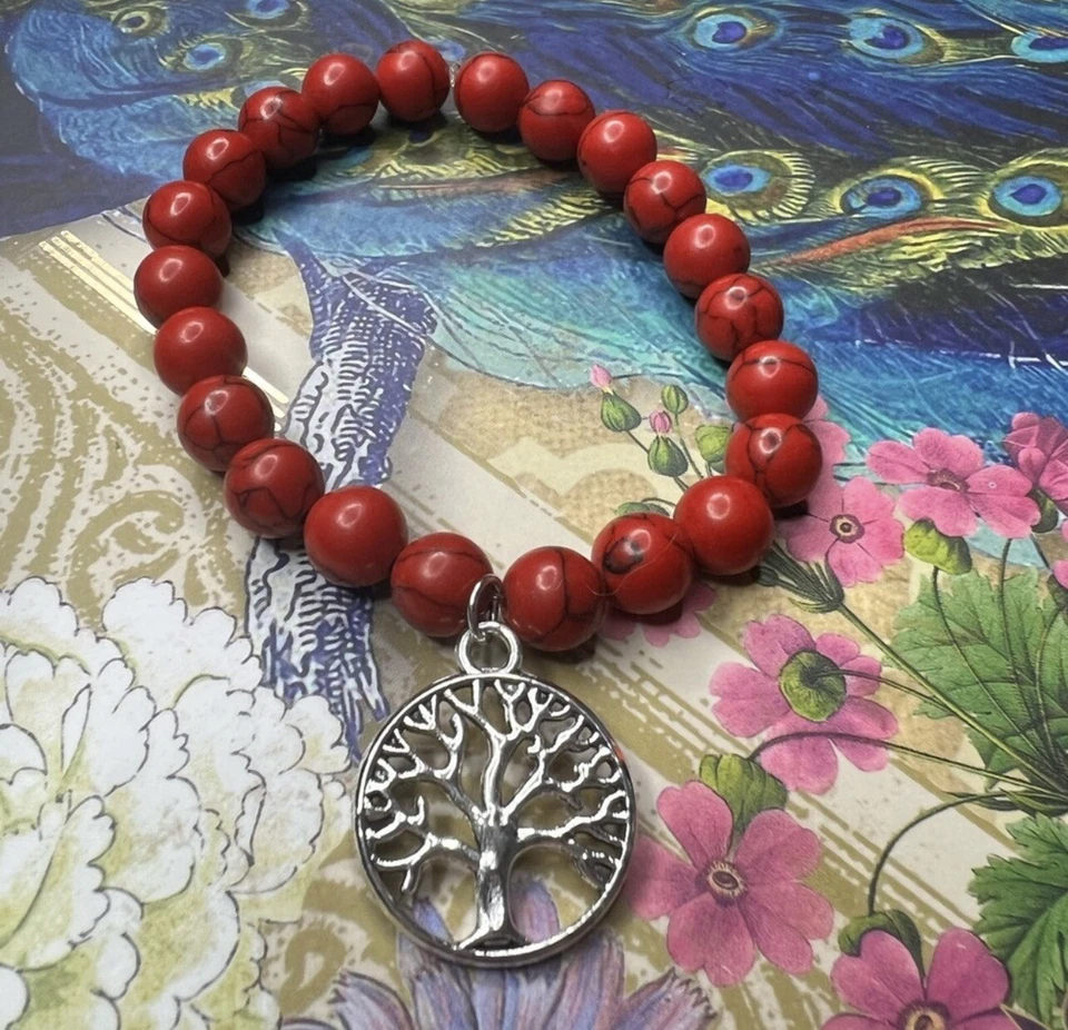 Handmade Red Howlite Beaded Stretchy Bracelet With Tree Of Life Charm  - Image 1 of 1
