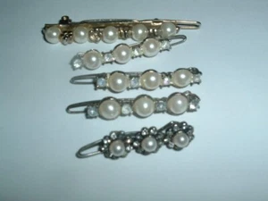 5 Vintage Victorian Little Girl White Pearl Rhinestone Post Barrettes - Picture 1 of 3