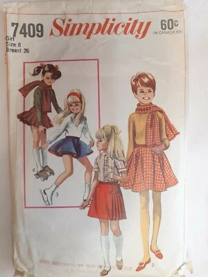 Skater Skirt Panties Scarf Simplicity Sewing Pattern 7409 Girls 8 VTG Cut Mini  - Image 1 of 4