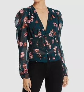 $449 LINI Women Green Floral V-Neck Sheer Smocked Puff Sleeve Blouse Top Size M - Picture 1 of 1