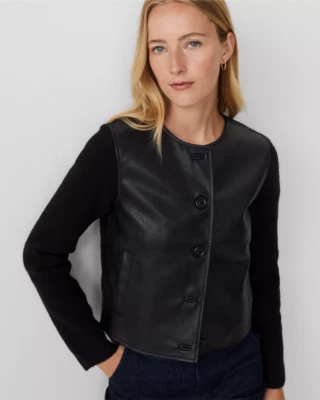 NUEVA CHAQUETA SUÉTER ANN TAYLOR $149 NEGRA MEZCLA CUERO SINTÉTICO TALLA MP M PETITE Foto 1 de 3