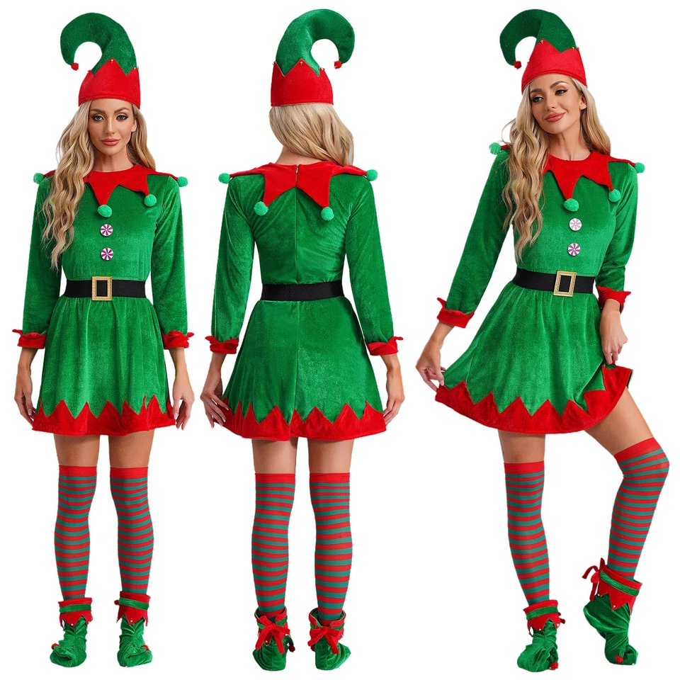 Women's Elf Costumes Dress Christmas Set Velvet Dress Xmas Party Deluxe Outfits - Image 1 of 1