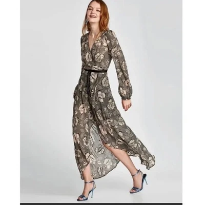 Zara Women's Small Floral Print Sheer Flowy Beaded Long Sleeve Maxi Wrap Dress - Image 1 of 4