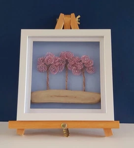 3D Wire Art, 3 Pink Trees On Driftwood Framed Ready To Hang 8inches By 8inches - Picture 1 of 3