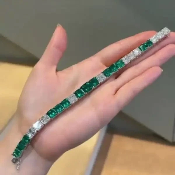 71 ct Princess Cut Green Emerald & Diamond 14K White Gold Plated Tennis Bracelet - Image 1 of 4